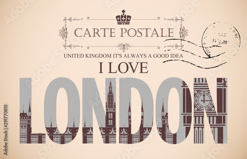 Retro postcard with words I love London and a postmark. Vintage vector card with the image of Westminster Palace and Big Ben, the famous British architectural landmarks