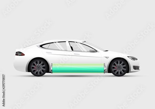 Isolated side view electric car with charged green battery at bottom. Vector illustration.