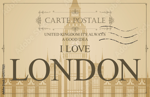 Retro postcard with words I love London and a postmark. Vintage vector card with the image of Westminster Palace and Big Ben, the famous British architectural landmarks