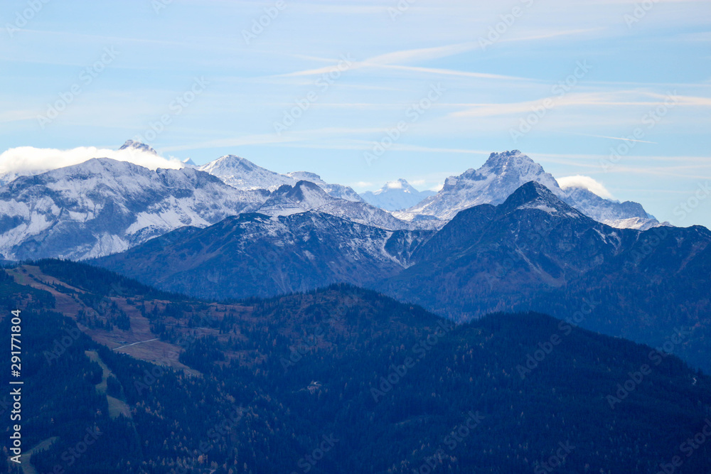 Blue silence landscape with alps mountains in autumn