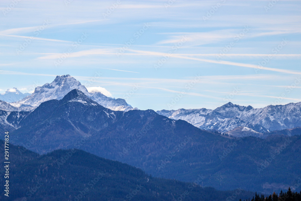 Blue silence landscape with alps mountains in autumn