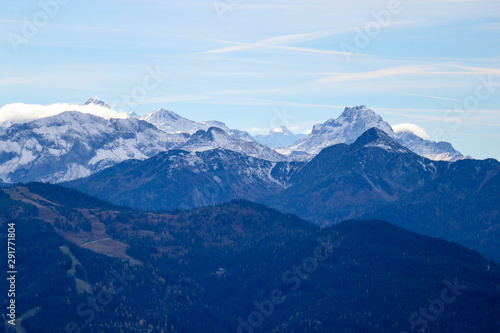 Blue silence landscape with alps mountains in autumn
