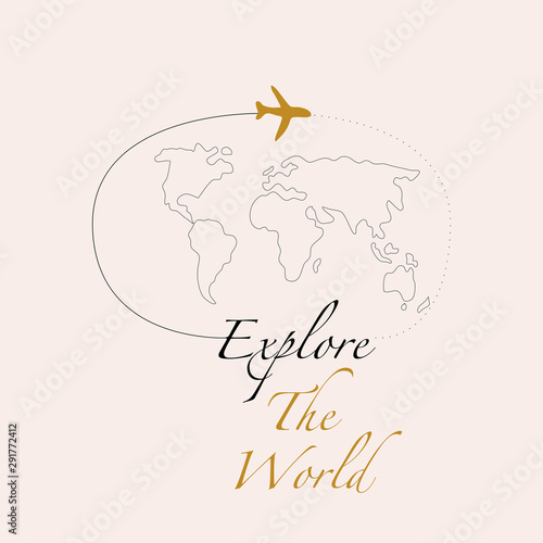 World map and golden plane in a travel inspired illustration. Vector elements