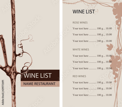 Vector wine list for restaurant or cafe with a branch of grapes, a grape vine and a price list in retro style