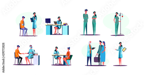 Medical occupation set. Doctors instructing patients, sitting at workplace in office, taking blood count in lab. People concept. Vector illustration for topics like hospital, medicine, first aid