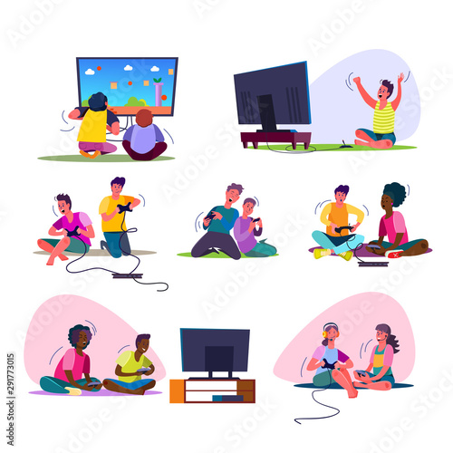 Excited video gamers set. Teenagers playing videogames, sitting at TV, using console, controller, gamepad, shouting. People concept. Vector illustration posters, presentation slides, web design