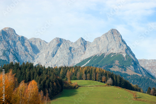 Scenic alps autumn landscape with alpine meadow, colorful forest and mountains