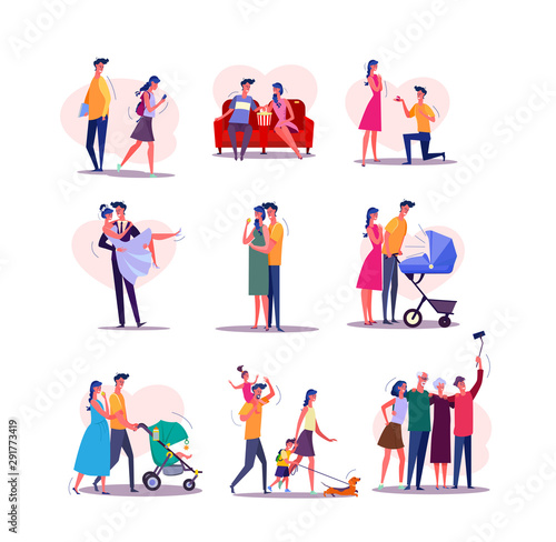 Family life cycle set. Man and woman dating, couple getting married, having baby, walking with children, getting old. People concept. Vector illustration posters, presentation slides, web design