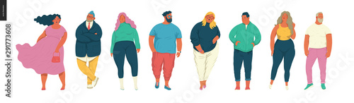 Body positive portraits set - hand drawn flat style vector design concept illustration of men and women, male and female figuers. Flat style vector icons set