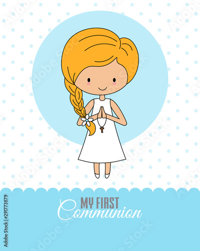 Communion Card. Little girl praying with a crucifix