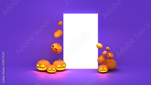 Scary halloween pumpkin with candle light inside. Flying Orange halloween pumpkins on purple, orange, and grey  background.Hholiday decoration. 3d render photo