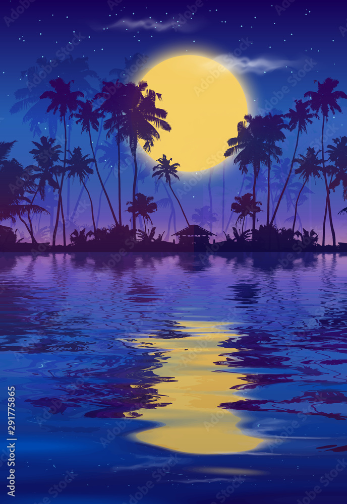 Yellow full moon in dark blue night sky with black palm trees ...