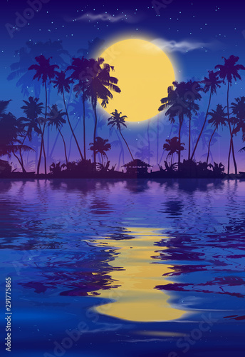 Yellow full moon in dark blue night sky with black palm trees silhouettes and water reflection. Vector fullmoon party poster vertical background photo