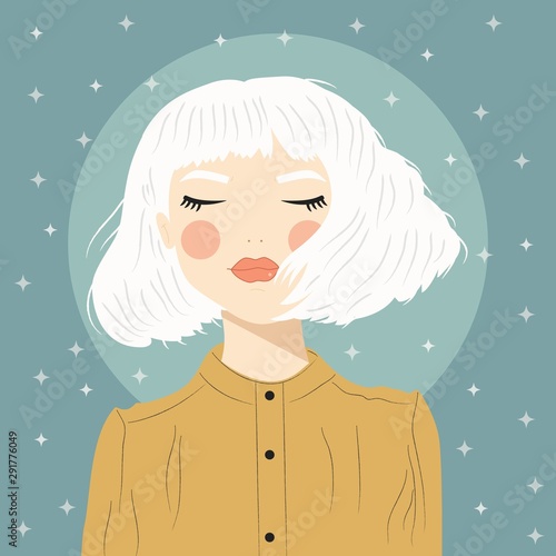 Portrait of a girl with white hair and closed eyes, in yellow blouse, on green background with white stars, flat vector illustration
