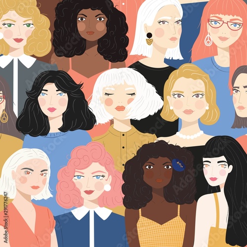 Group of portraits of diverse women, fight for equality concept, feminism, flat vector illustration