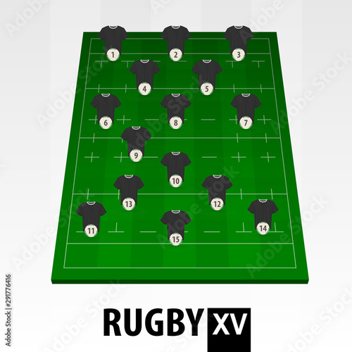 Rugby player position on green rugby field.