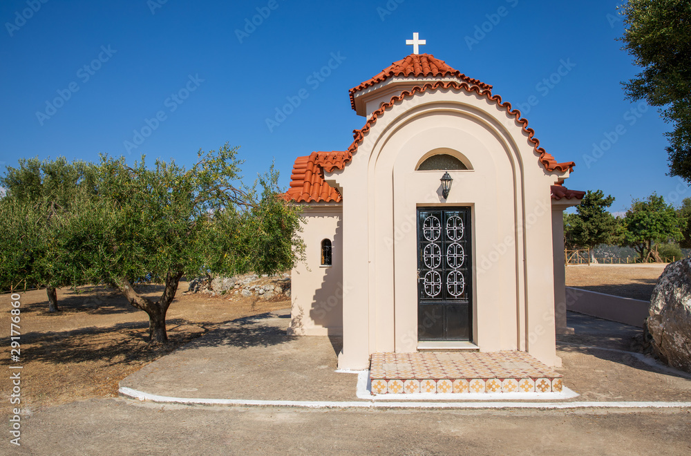 Summer sunny day the new chapel of the Monastery of Argilion in the open territory for tourist visits - Sami, Kefalonia island, Greece.
