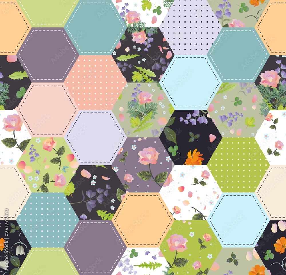Cute seamless patchwork pattern with floral ornament. Quilt blanket. Print for fabric. - obrazy, fototapety, plakaty 