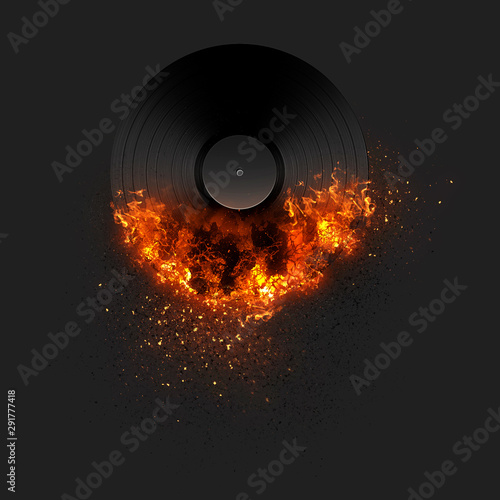 Burning record on black background