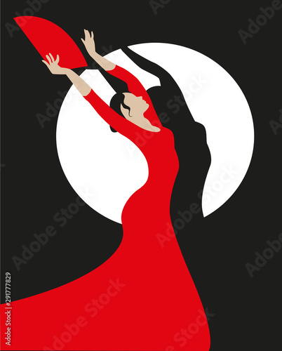 Elegant woman in a red dress and a fan dancing flamenco.