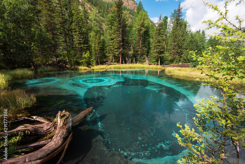 Beautiful Geyser lake with thermal springs that periodically throw blue clay and silt from the ground. Altai mountains, Russia