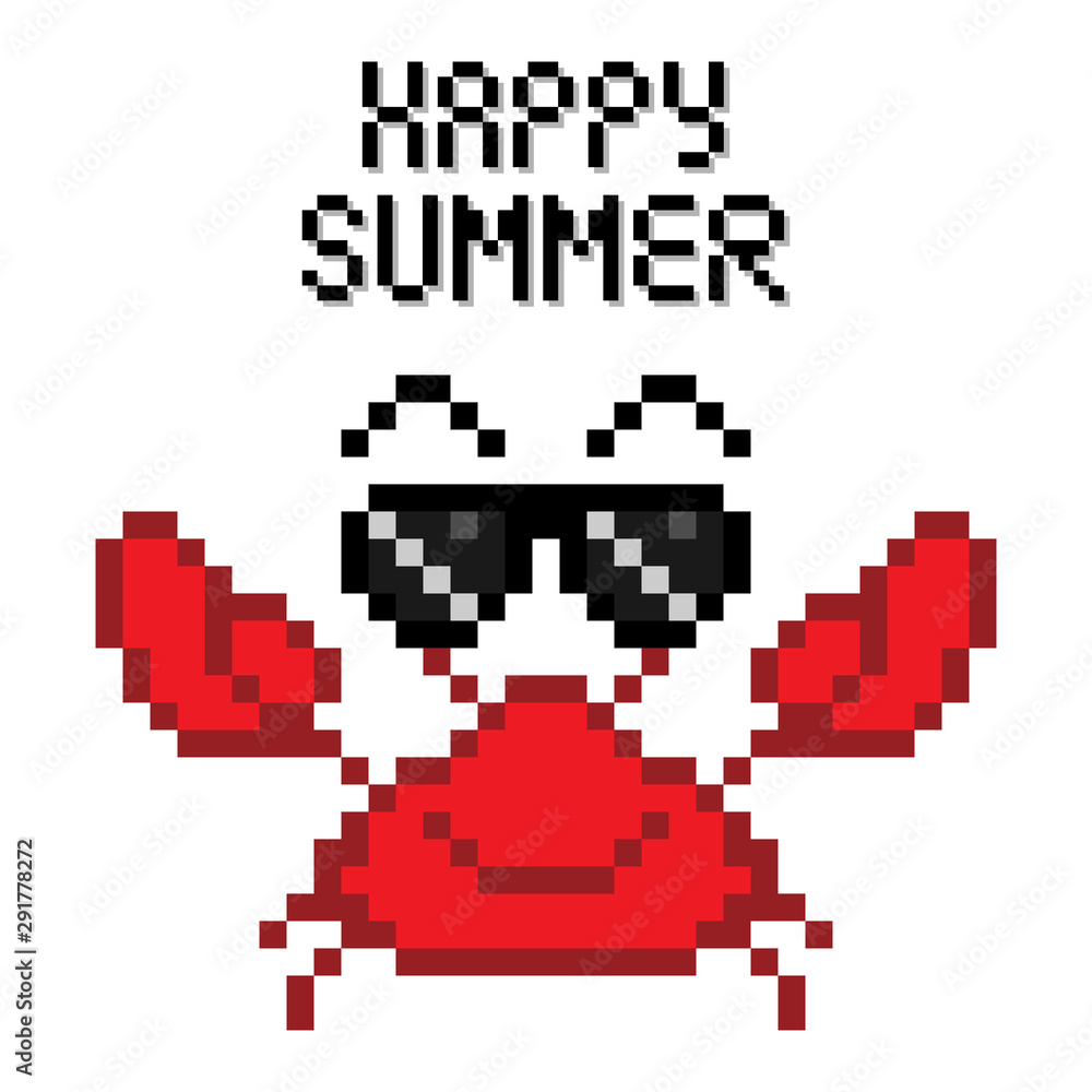 8-bit picture Red Crab showing its Claws with Happy Summer Text pixel art Cartoon Vector 8-bit picture Red Crab showing its Claws with Happy Summer Text pixel art Cartoon Vector