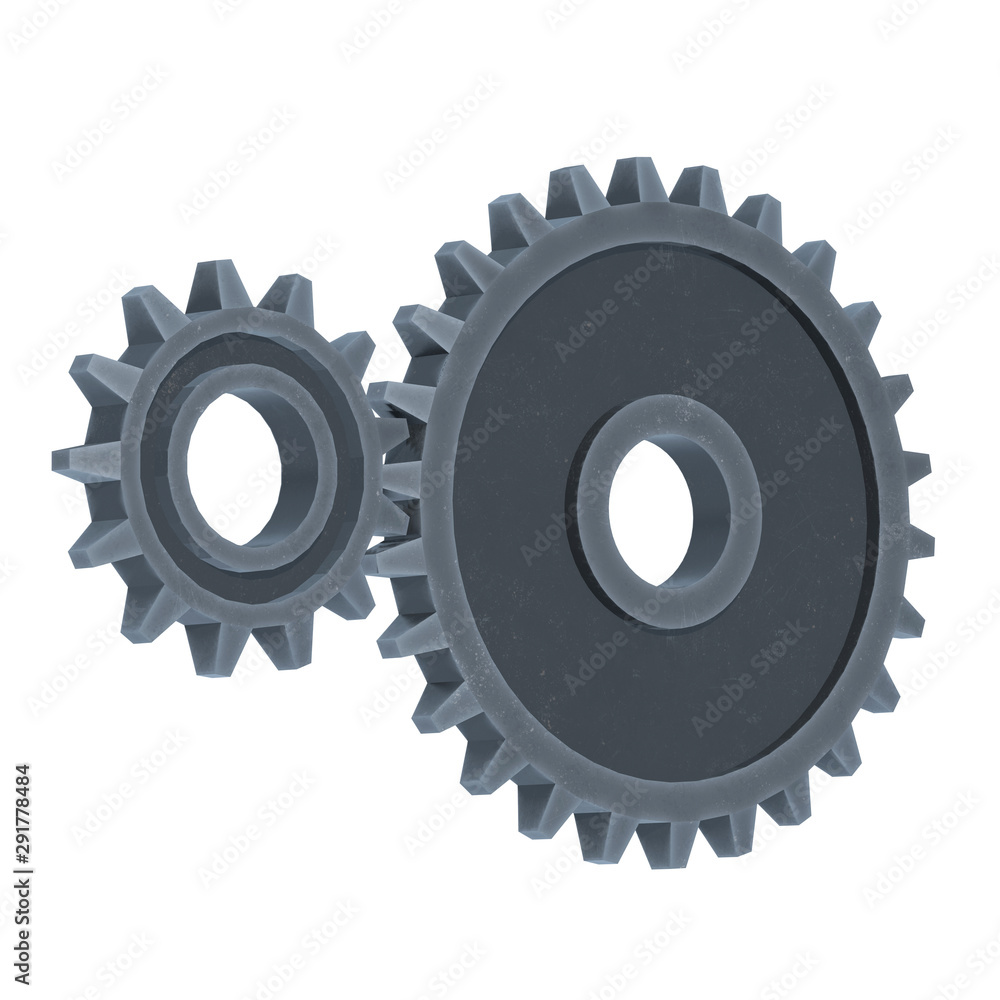 Gears. Mechanical technology machine engineering symbol. Industry development, engine work, business solution concept. 3d render illustration isolated on white background Gears. Mechanical technology machine engineering symbol. Industry development, engine work, business solution concept. 3d render illustration isolated on white background