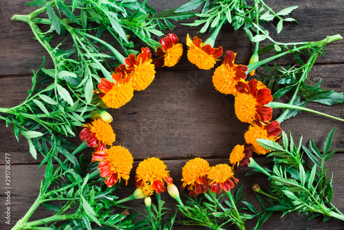 Frame of beautiful orange marigolds on a wooden background. Natural floral background