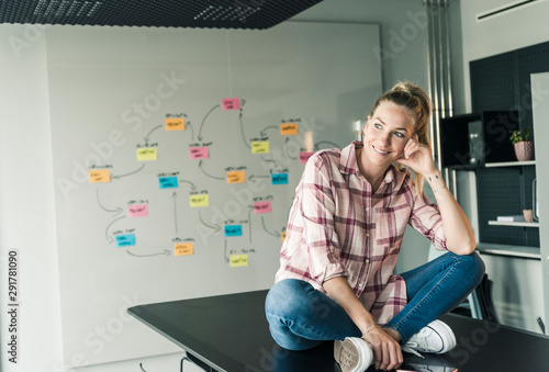 Smiling businesswoman sitting on table in office with mind map in background photo