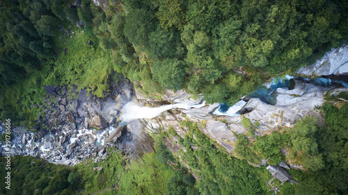 top down aerial of swiss river