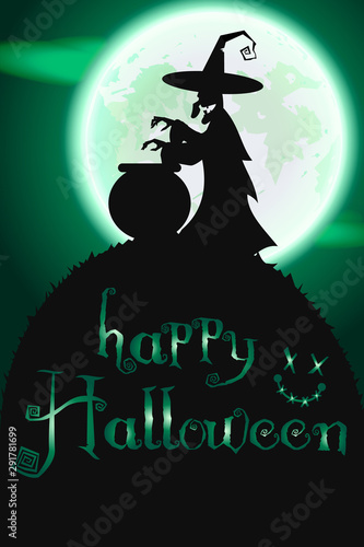 Witch conjures in the moonlight. Vector Halloween poster. EPS 10