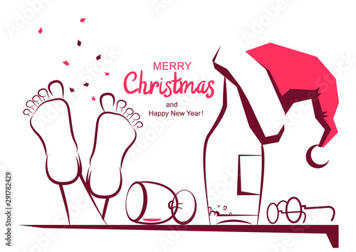 Merry Christmas greeting card with text. Vector cartoon illustration of holiday table with alcohol and Santa hat isolated on white.