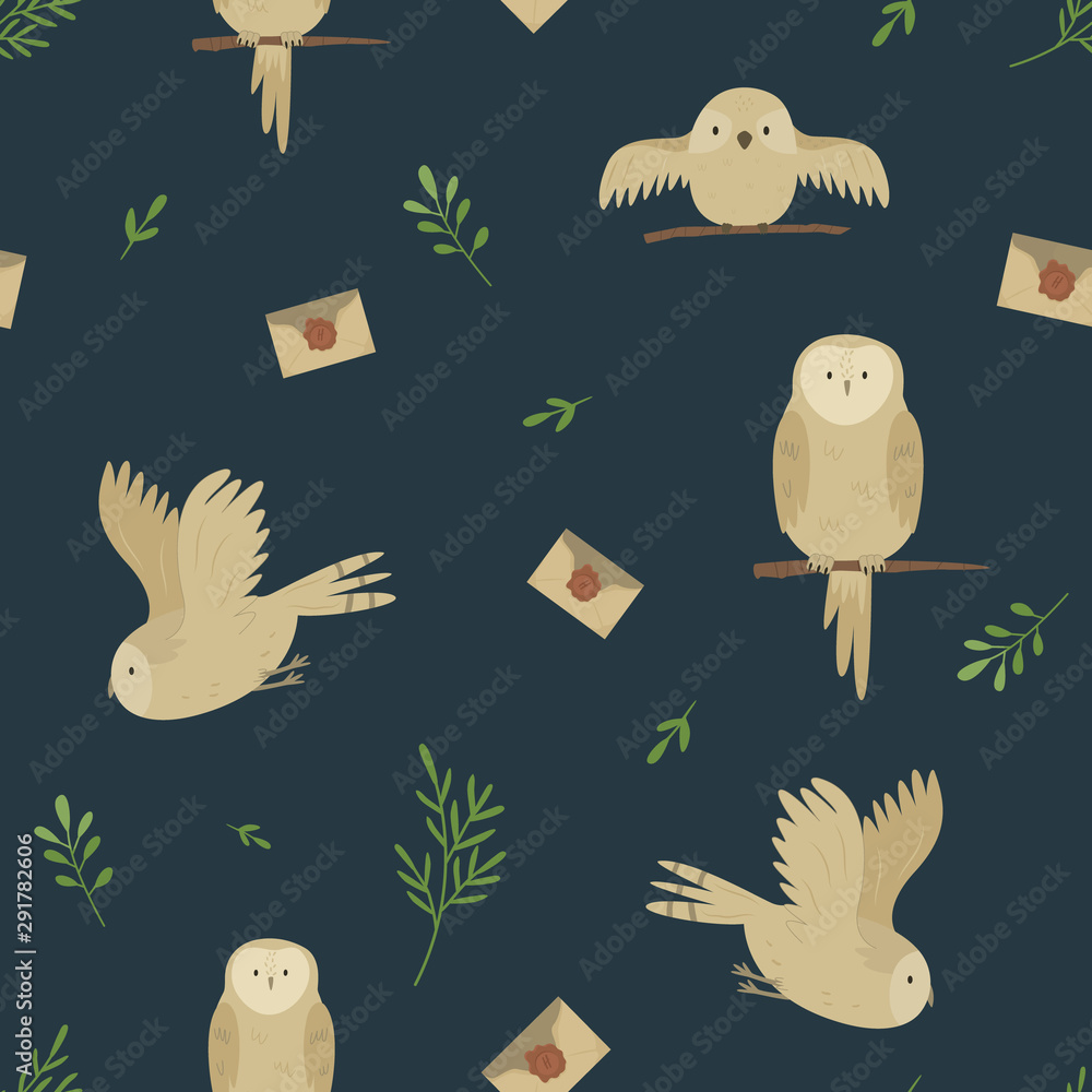 Obraz premium Seamless pattern with cute owls and envelopes