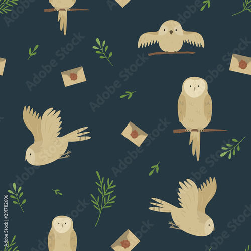 Seamless pattern with cute owls and envelopes
