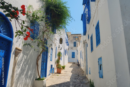 Fototapeta Naklejka Na Ścianę i Meble -  A street in the Arab village of Sidi Bou Said. House with arabic windows and doors with blue ornaments, Sidi Bou Said, Tunisia, Africa