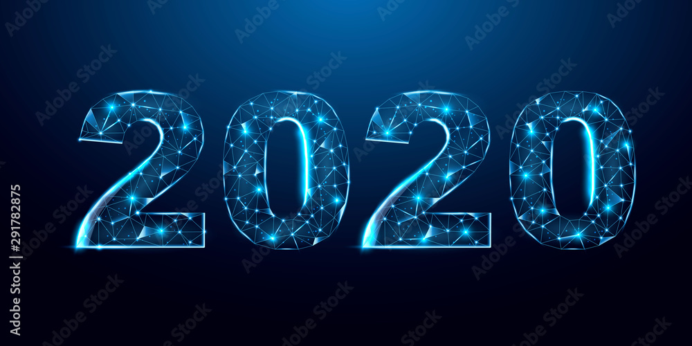 Happy 2020 new year banner design from lines, dots, triangles and particle. Geometric polygonal 2020 new year greeting card. Polygon vector wireframe concept. Happy 2020 new year banner design from lines, dots, triangles and particle. Geometric polygonal 2020 new year greeting card. Polygon vector wireframe concept.