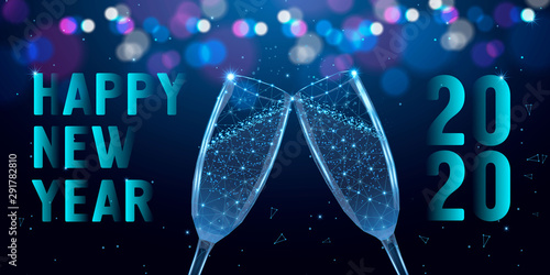 Happy 2020 new year banner design with clinking glasses of champagne from lines, dots, triangles and particle. Polygon vector wireframe concept.