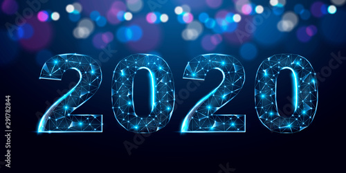Happy 2020 new year banner design with fireworks from lines, dots, triangles and particle. Geometric polygonal 2020 new year greeting card. Polygon vector wireframe concept. 