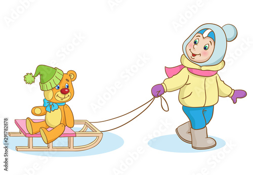 Little girl sledging a teddy bear in winter. In cartoon style. Isolated on a white background. Children in winter.