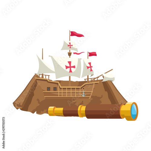 antique caravel ship with map paper and telescope navigation