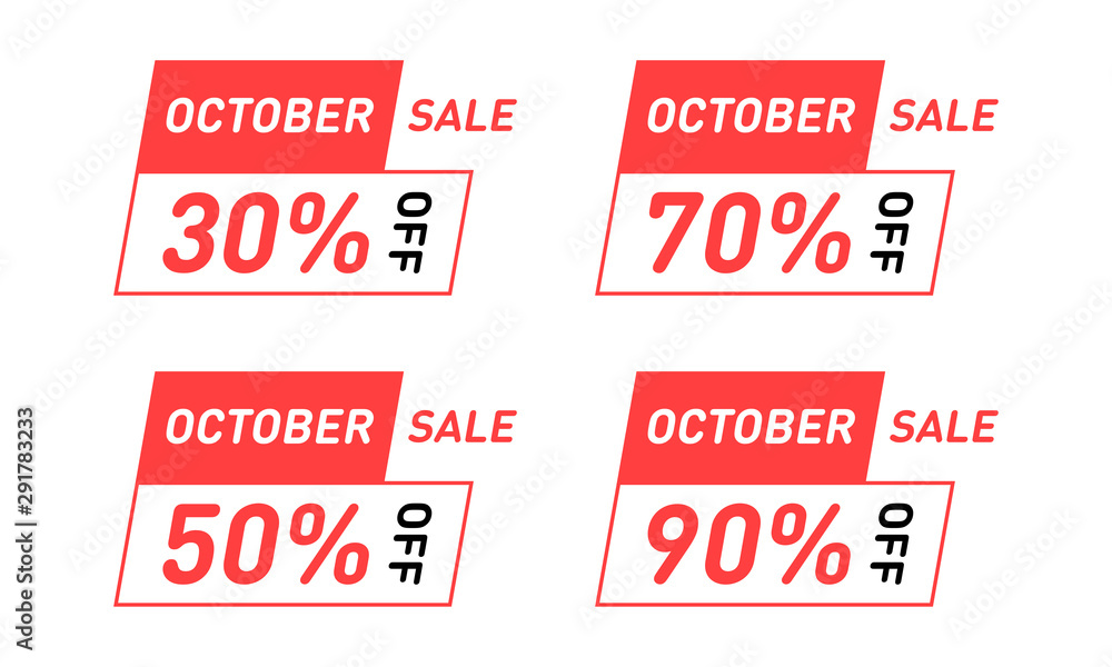 Set of october sale discount banners. 30 50 70 90 percent off template design poster. Modern vector element Set of october sale discount banners. 30 50 70 90 percent off template design poster. Modern vector element