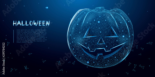 Halloween pumpkin from wireframe mesh. Low poly concept. Vector illustration