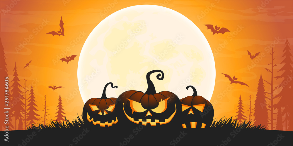 Scary Halloween background with pumpkins, bats and full moon. Cartoon vector illustration