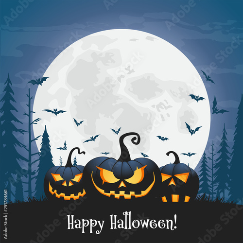 Happy Halloween banner. Scary Halloween pumpkins, bats and full moon. Cartoon vector illustration