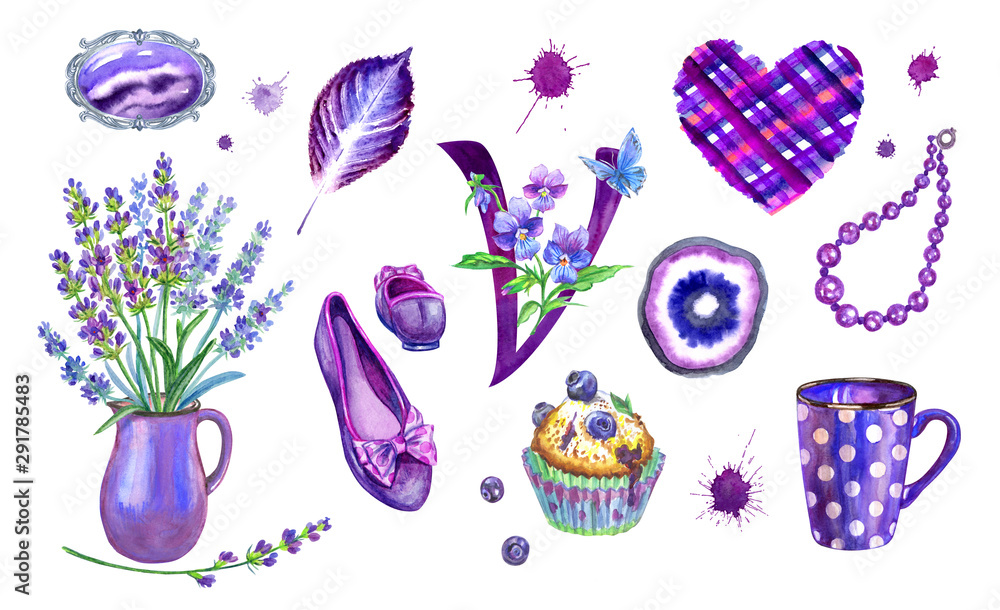 Fototapeta Set of violet objects: brooch, lavender bouquet, shoes, beads, blueberry muffin, checkered heart, letter 