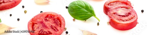 banner of food background of tomato, garlic and basil on white background. Top view