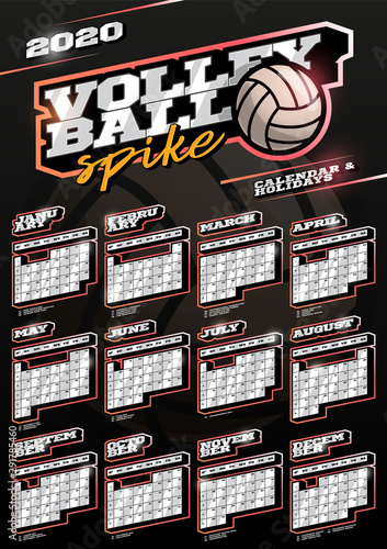 Volleyball sport wall vertical calendar for 2020. One page Retro style calendar template with holidays and sport equipment. Black background.