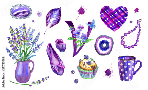 Set of violet objects: brooch, lavender bouquet, shoes, beads, blueberry muffin, checkered heart, letter "V" with violets, stone cut, imprint of a leaf, blots. Watercolor clipart in purple tones .