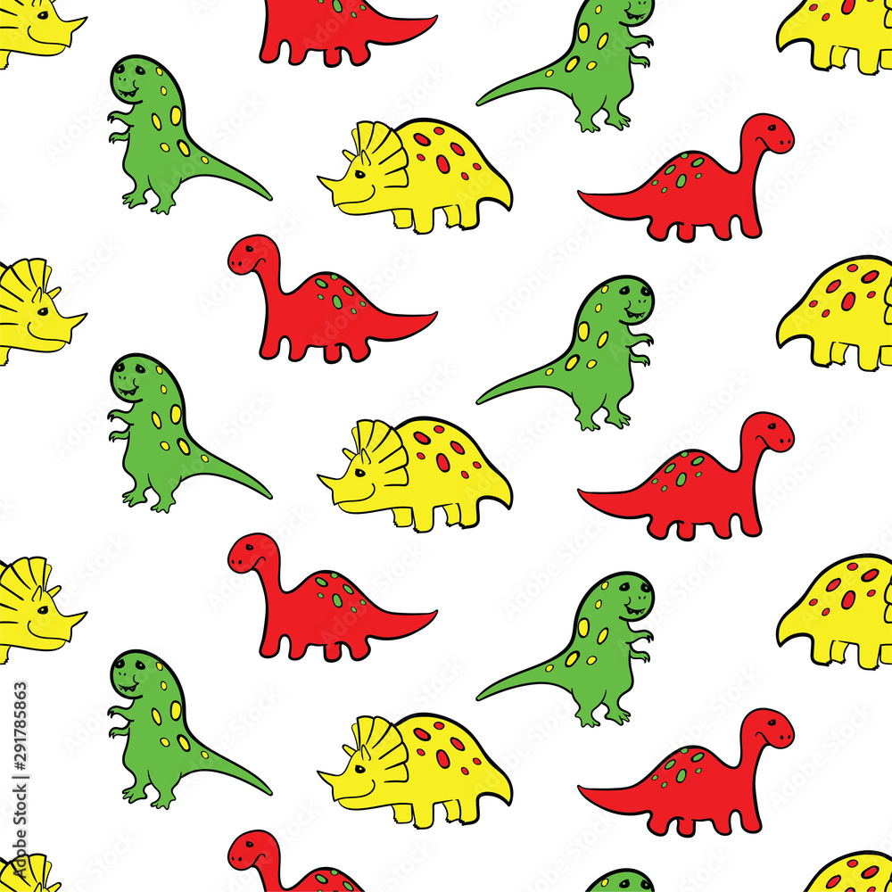 Naklejka premium Cute dinosaurs seamless pattern. Funny cartoon dino. Hand drawn vector doodle design for kids. Hand drawn children's illustration for fashion clothes, shirt, fabric