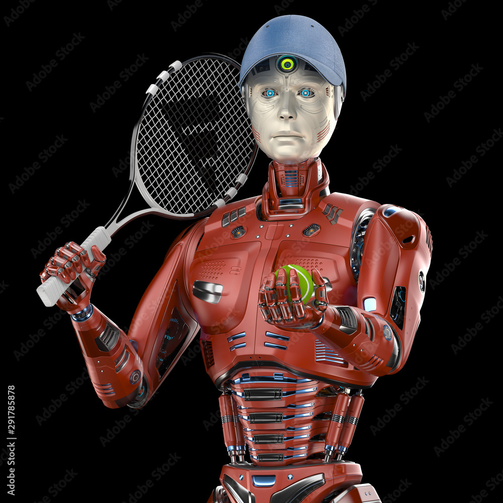 Robot tennis player or android cyborg with a racket and a tennis ball  looking at the camera. Upper body isolated on black background. 3d render  Stock Illustration | Adobe Stock